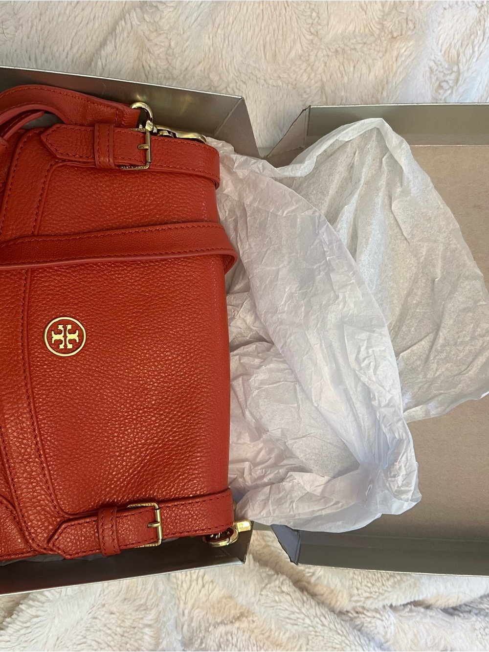 Tory Burch Orange Pebbled Leather Shoulder Bag with Gold Hardware